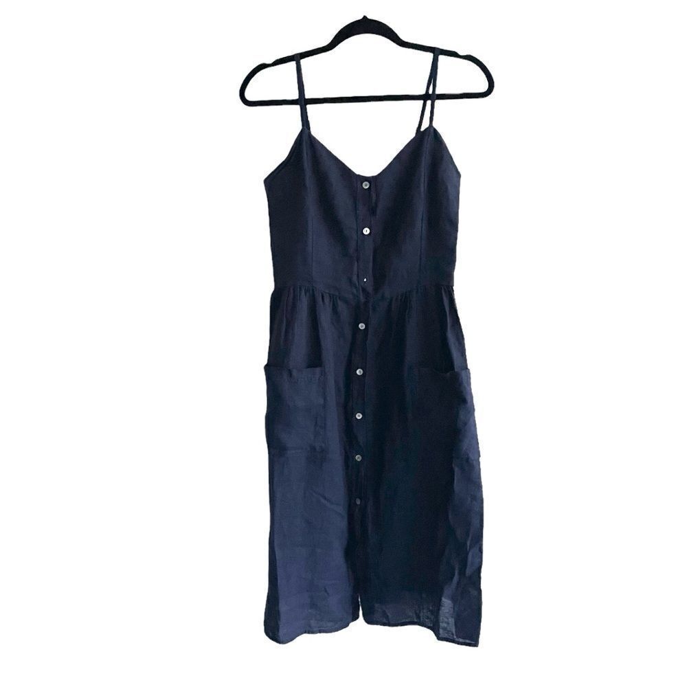 PISTACHE Italy Linen Sleeveless Button Front Midi Dress Navy Blue XS